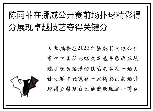 陈雨菲在挪威公开赛前场扑球精彩得分展现卓越技艺夺得关键分 陈雨菲在挪威公开赛前场扑球精彩得分展现卓越技艺夺得关键分