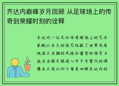 齐达内巅峰岁月回顾 从足球场上的传奇到荣耀时刻的诠释